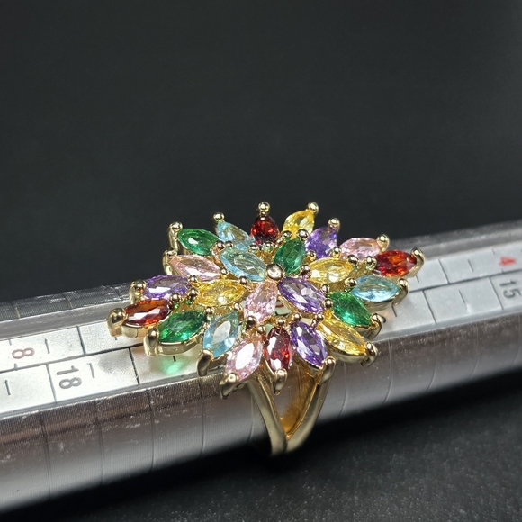 Rainbow Marquise Cluster Statement Ring – Gold Plated, Size 6 - Picture 6 of 6